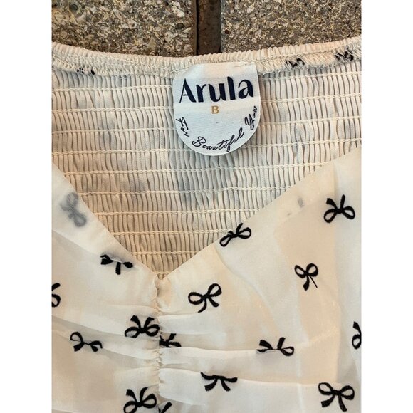 Arula Womens Ivory/Black Puff Sleeve Top With Bow Print Size 2X Polyester Blend - Picture 3 of 9